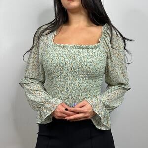 Wild Fable Green Floral Smocked Peasant Sleeve Blouse